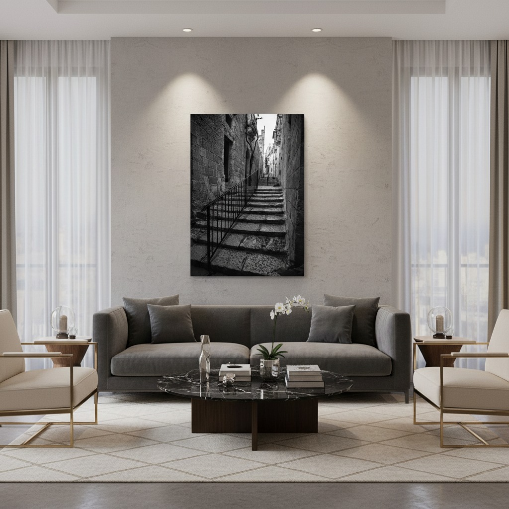 Modern living room with black-and-white staircase artwork