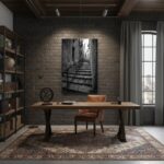 Industrial office with brick wall and wooden desk