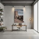 Modern minimalist home office with large wall art