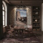 Rustic study with stone walls and wooden furniture