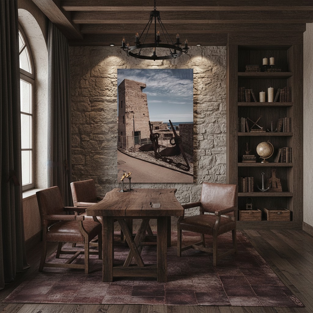 Rustic study with stone walls and wooden furniture