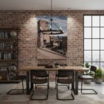 Industrial dining room with brick wall and artwork