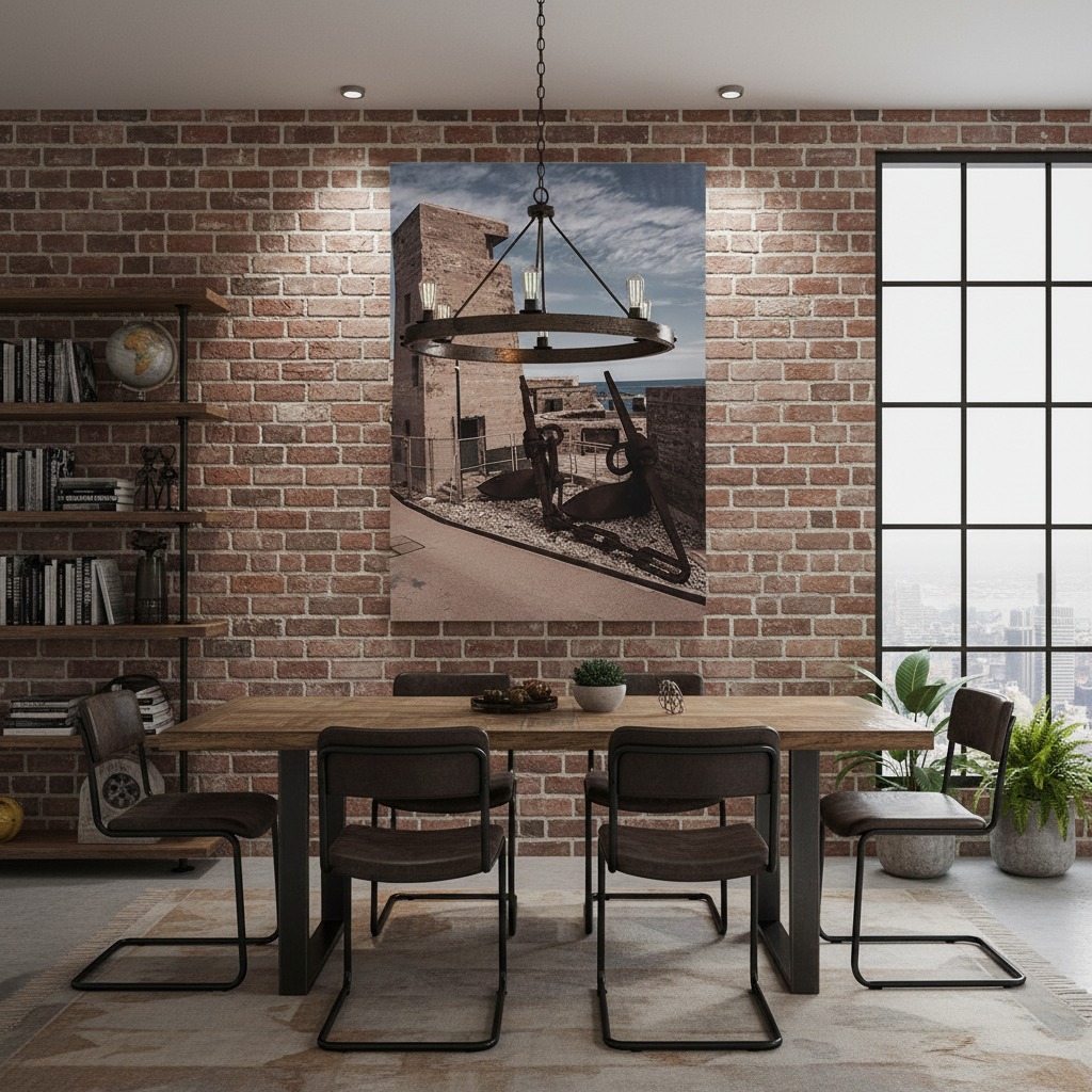 Industrial dining room with brick wall and artwork