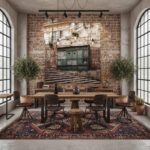 Industrial dining room with brick wall mural
