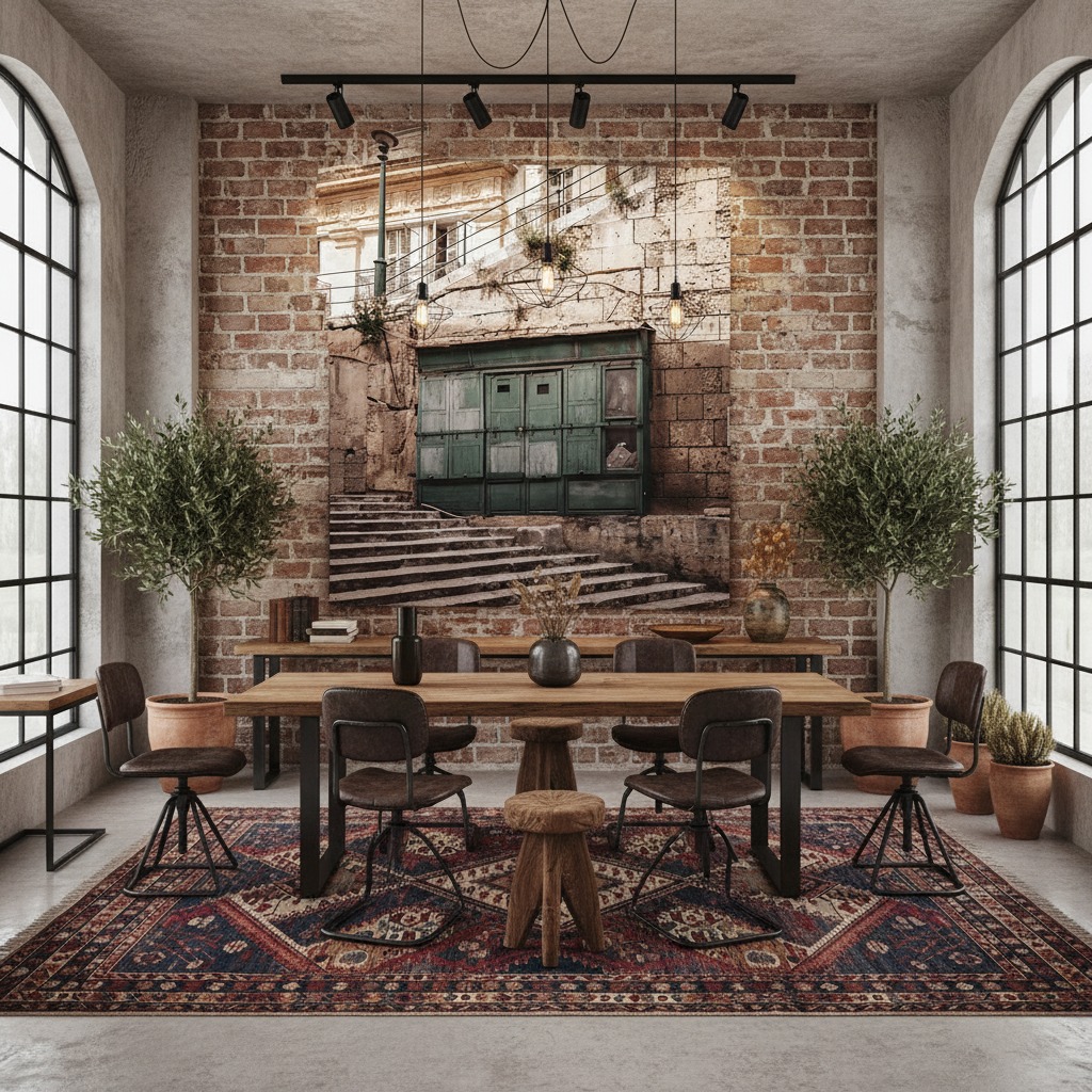 Industrial dining room with brick wall mural