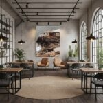 Modern industrial dining room with large coastal wall art