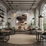 Modern industrial dining room with large coastal wall art