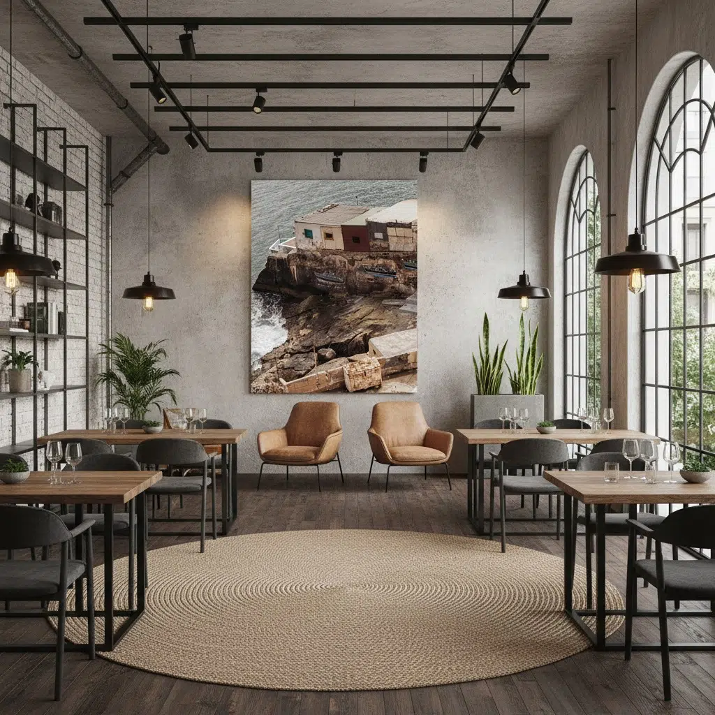 Modern industrial dining room with large coastal wall art