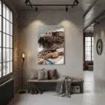 Industrial loft interior with coastal wall art