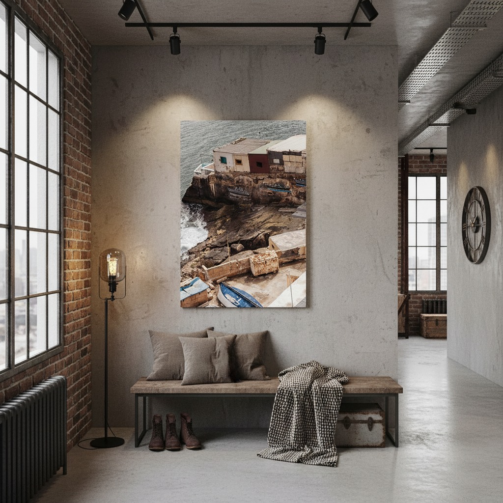 Industrial loft interior with coastal wall art