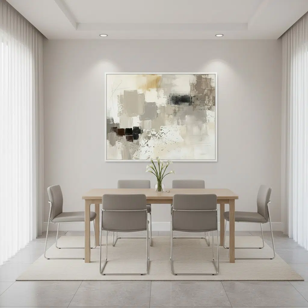 Minimalist dining room with abstract wall art