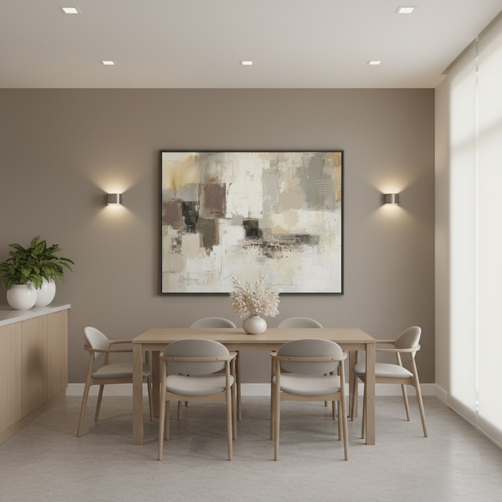 Minimalist dining room with abstract art and wooden table