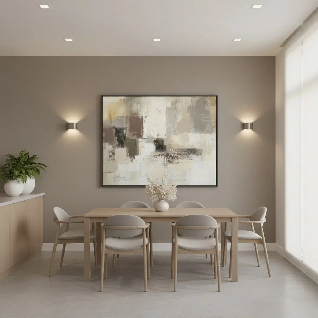 Minimalist dining room with abstract art and wooden table