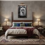 Elegant bedroom with wooden bed and framed artwork
