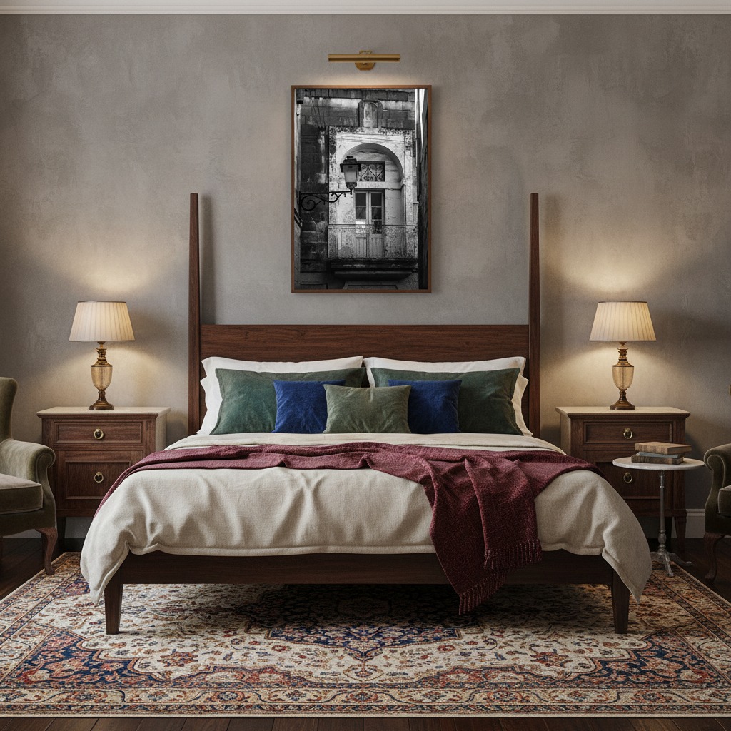 Elegant bedroom with wooden bed and framed artwork