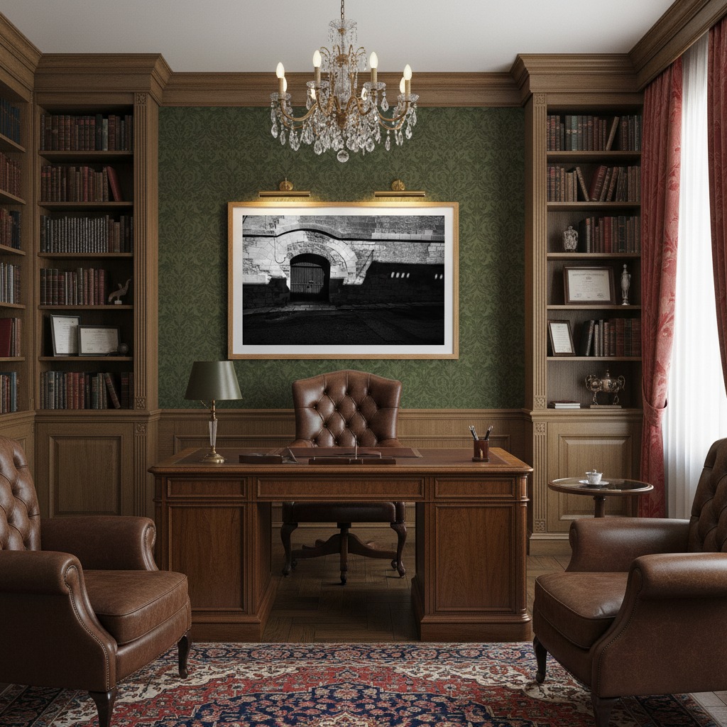 Elegant traditional home office with wooden desk