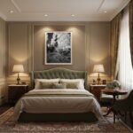 Elegant bedroom with tufted headboard and framed artwork