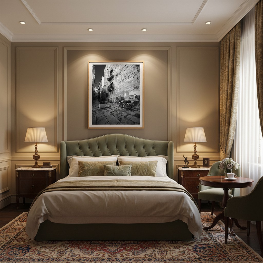 Elegant bedroom with tufted headboard and framed artwork
