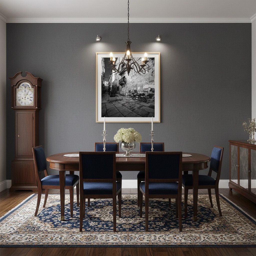 Elegant dining room with wooden table and chandelier