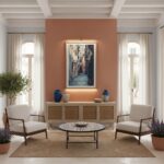 Modern living room with terracotta accent wall