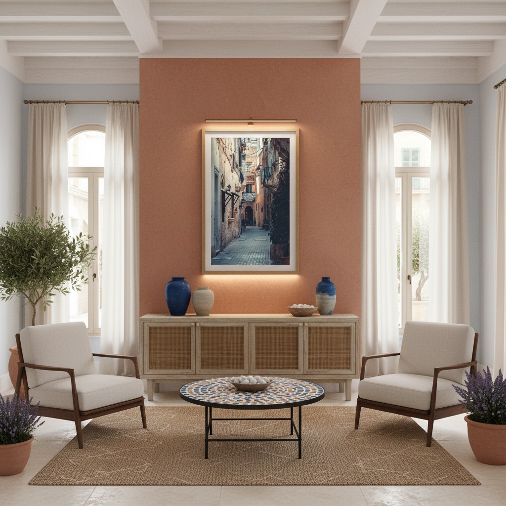 Modern living room with terracotta accent wall