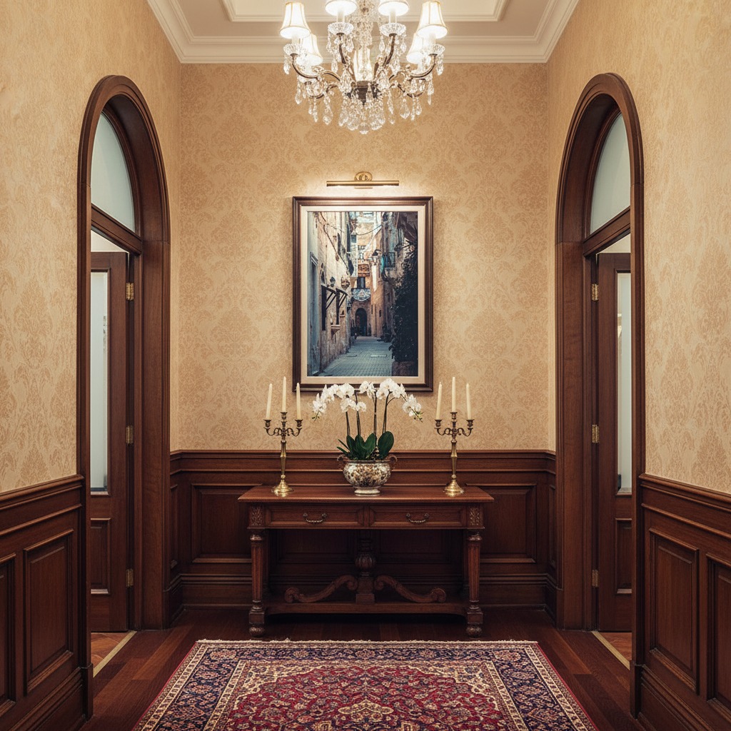 Elegant hallway with chandelier, console table, and artwork