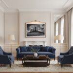 Elegant living room with blue sofa and fireplace