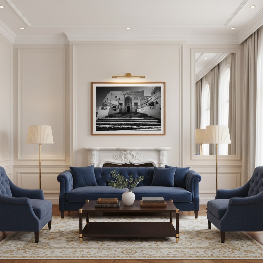 Elegant living room with blue sofa and fireplace