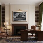 Elegant home office with fireplace and wooden desk