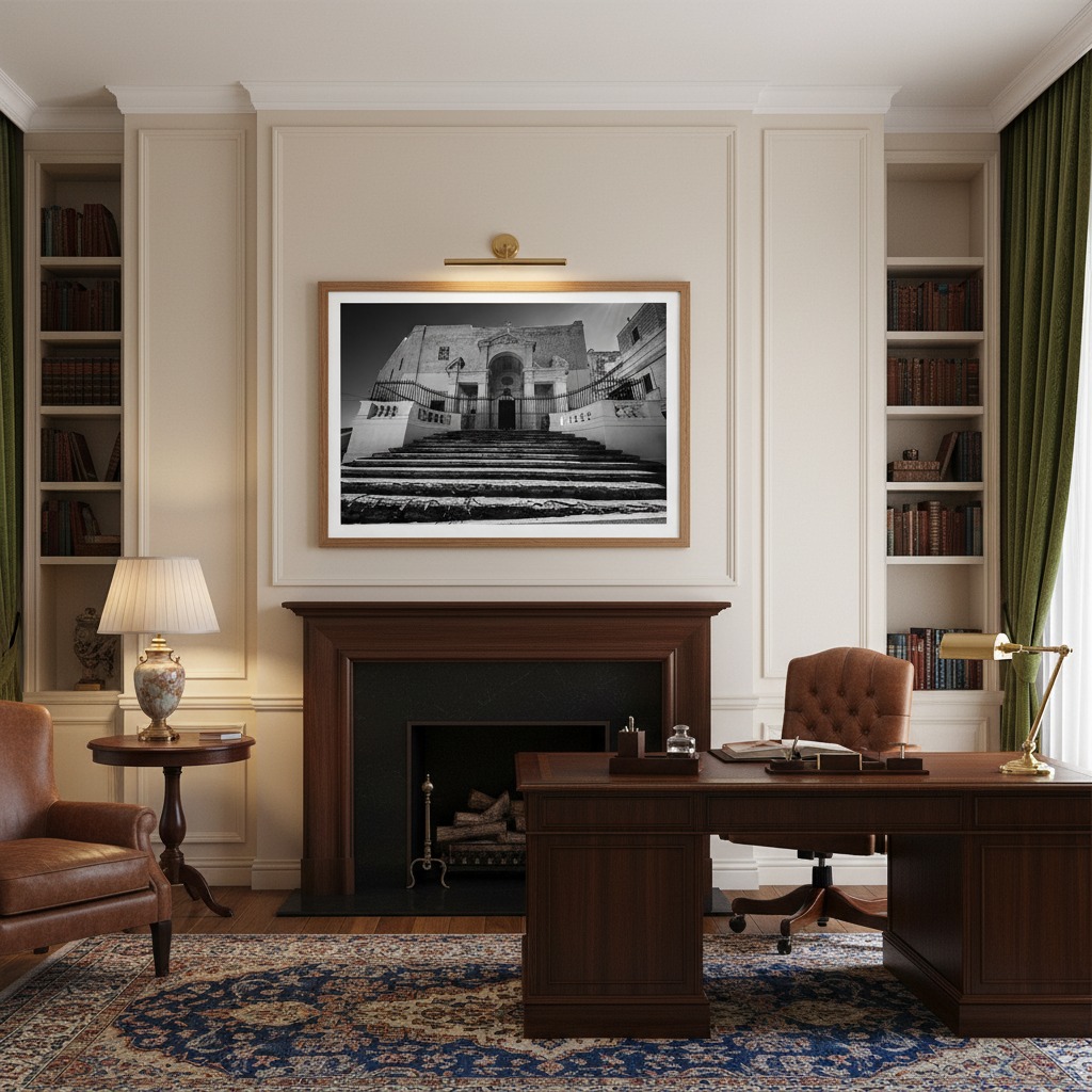 Elegant home office with fireplace and wooden desk