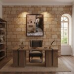 Rustic home office with stone wall and wooden desk