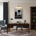 Classic home office with wooden desk and bookshelf