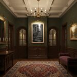 Elegant hallway with chandelier and Persian rug