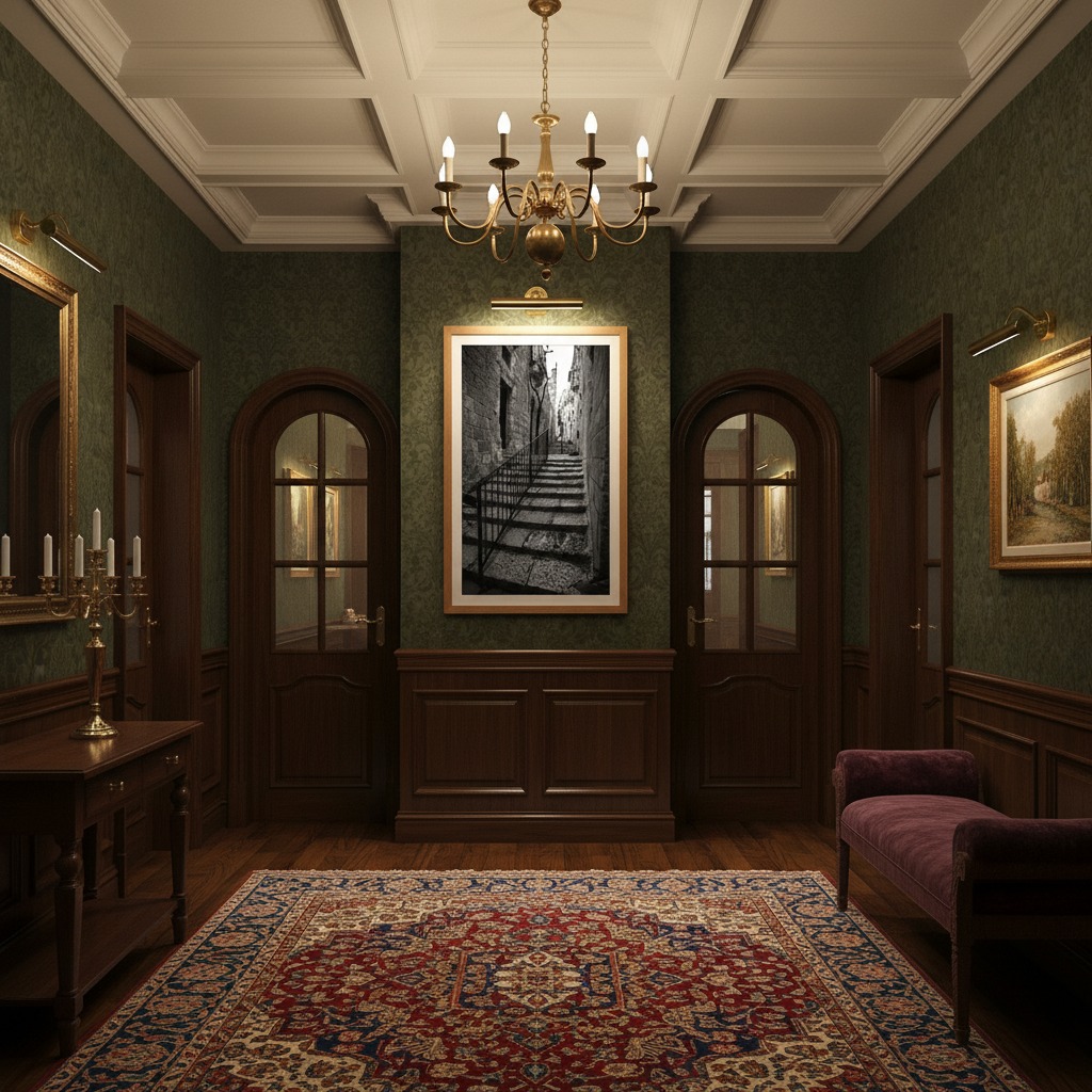 Elegant hallway with chandelier and Persian rug