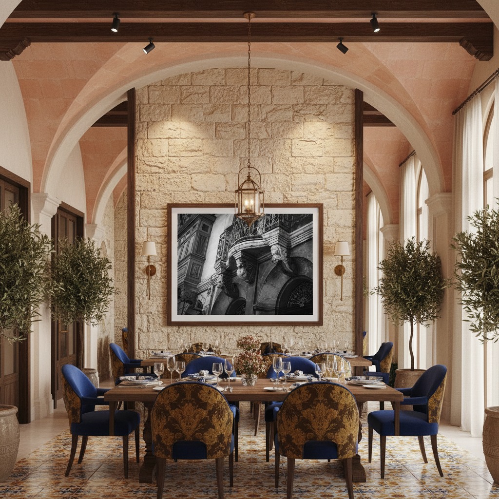 Elegant stone-walled dining room with blue chairs
