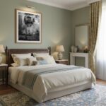 Cozy bedroom with wooden bed and green walls