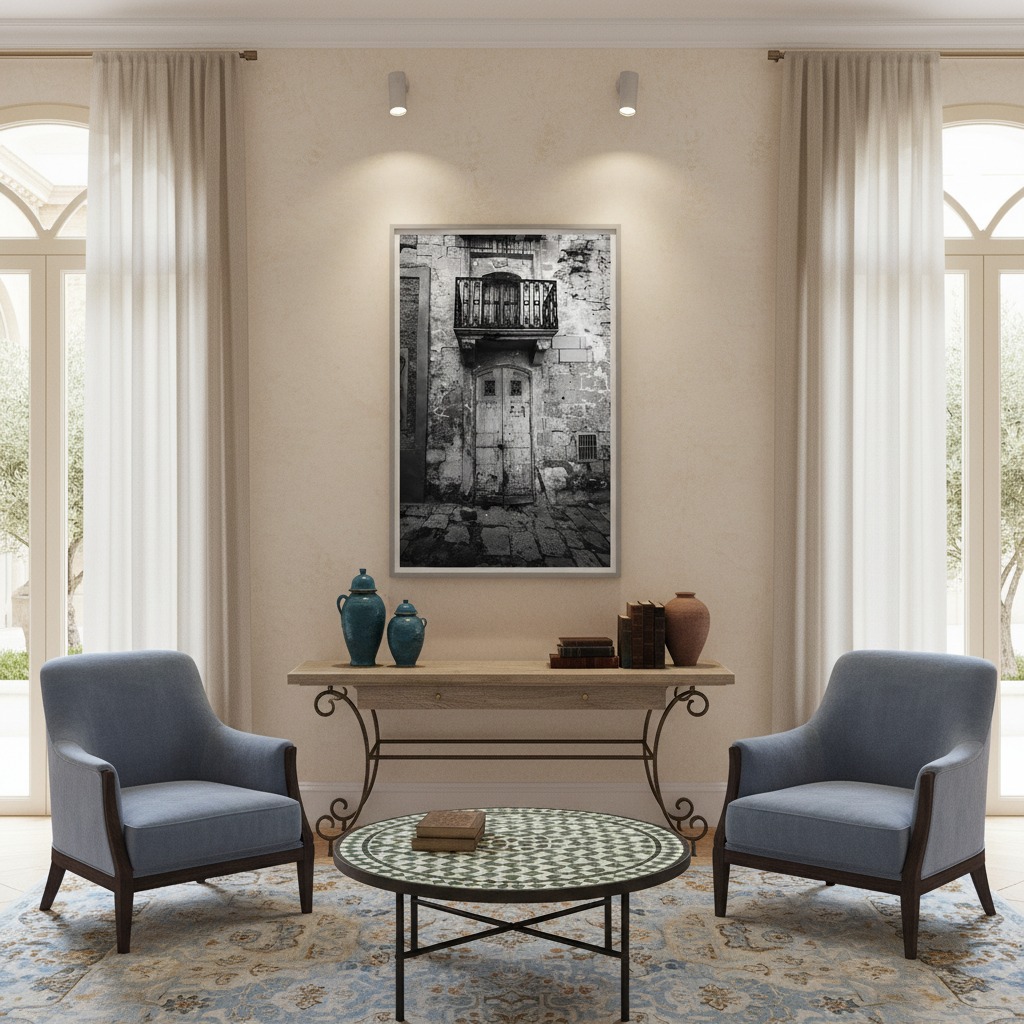 Elegant living room with blue armchairs and artwork