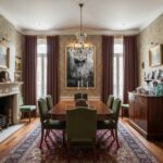 Elegant traditional dining room with chandelier and green chairs