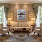 Elegant symmetrical living room with beige sofa and lamps