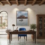 Mediterranean-style study with wooden desk and framed seascape
