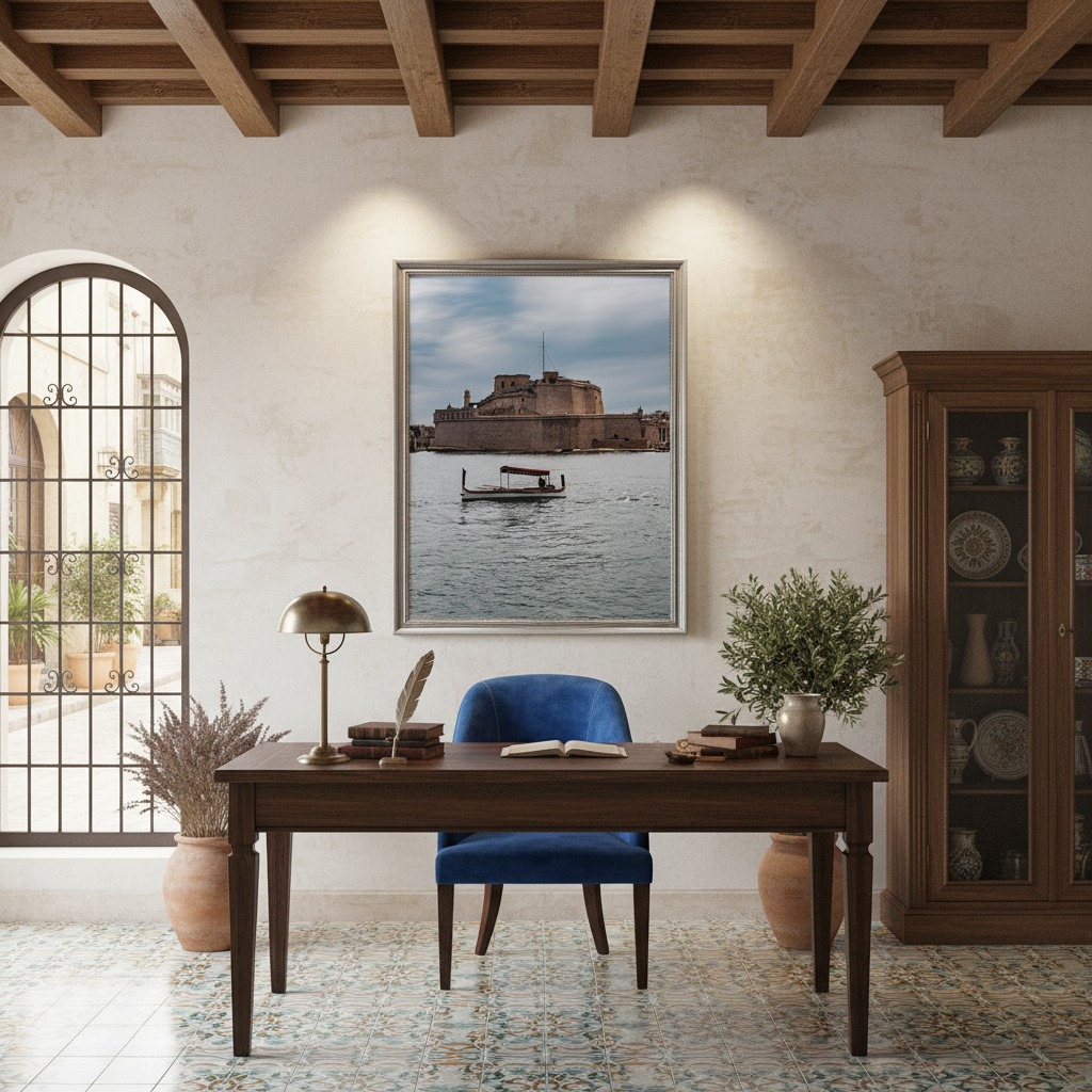 Mediterranean-style study with wooden desk and framed seascape