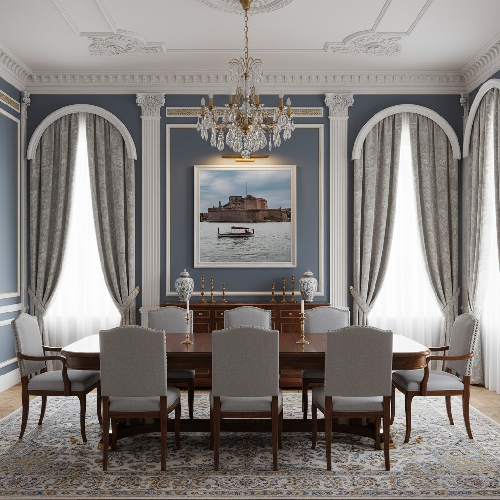Elegant classical dining room with chandelier and blue walls