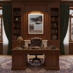 Elegant wood-paneled home office with leather chair