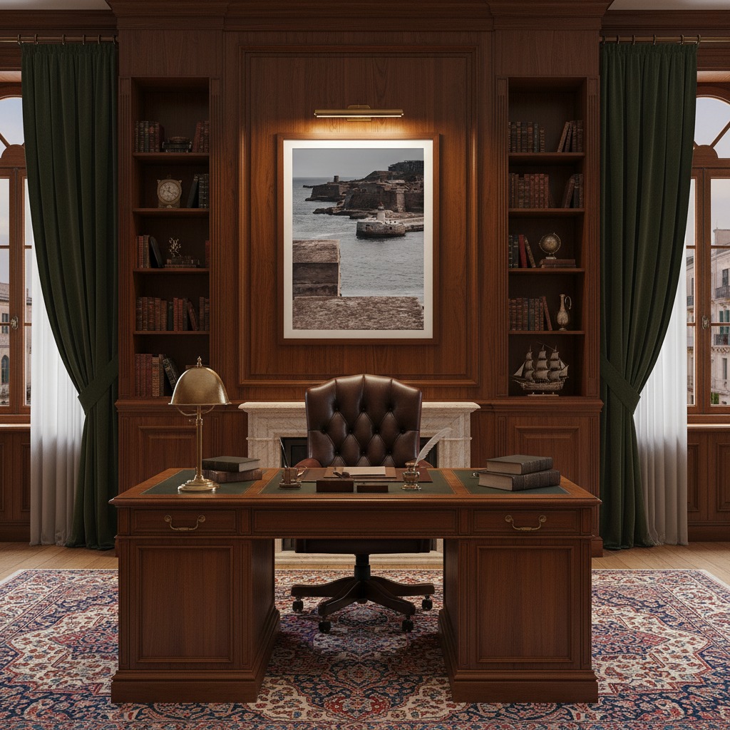 Elegant wood-paneled home office with leather chair