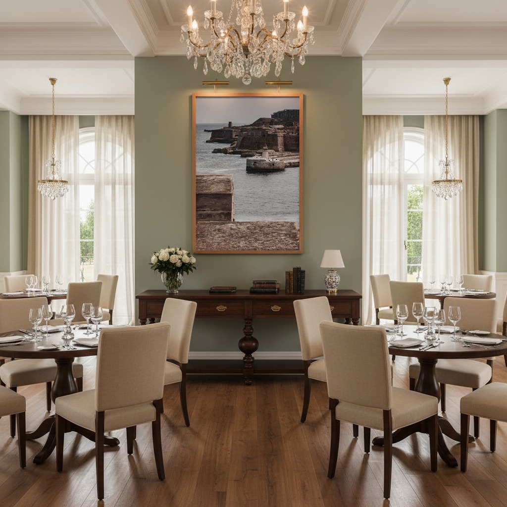 Elegant dining room with chandeliers and coastal artwork