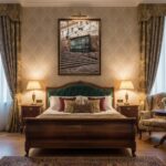 Elegant bedroom with green tufted headboard and artwork