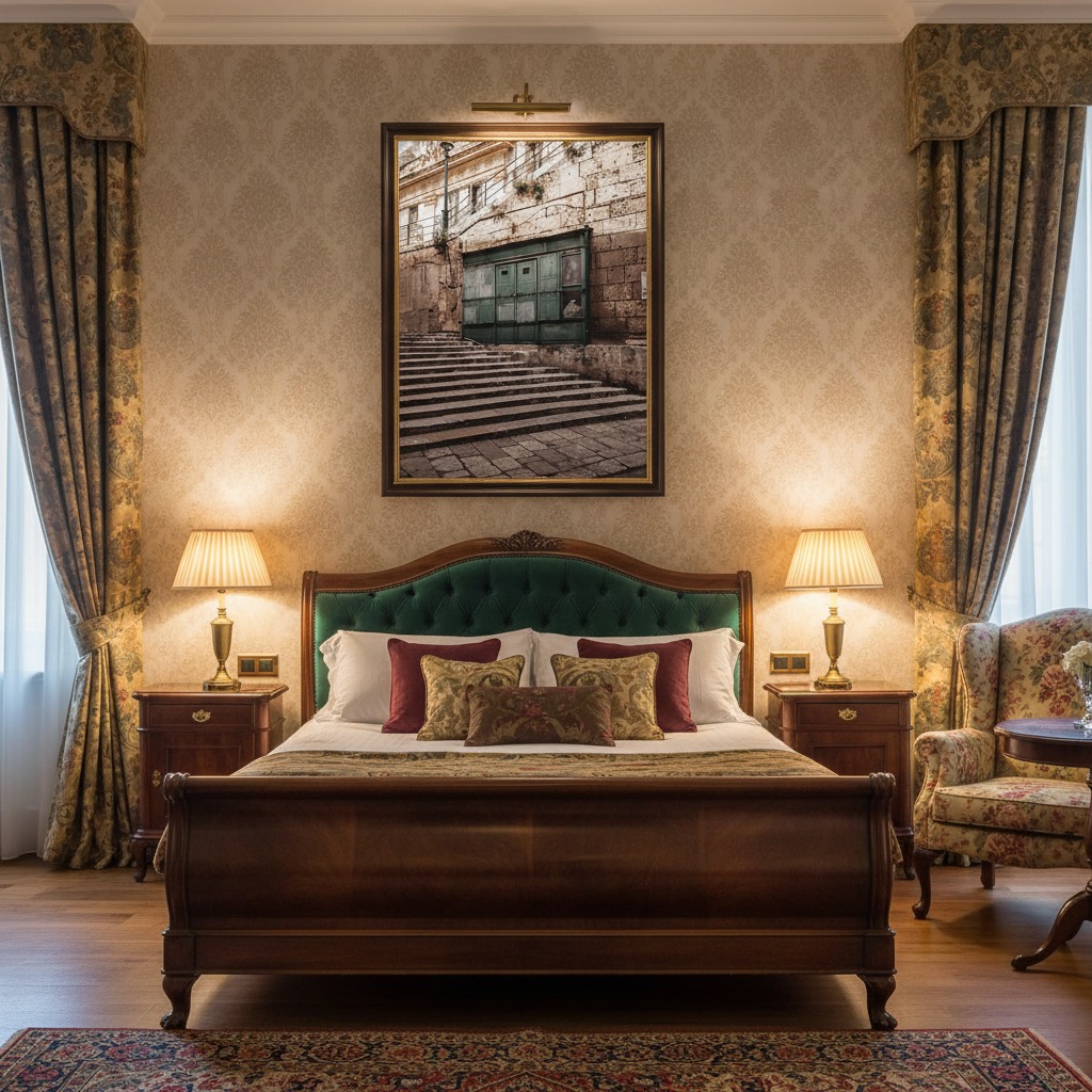 Elegant bedroom with green tufted headboard and artwork