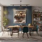 Modern dining room with blue accent wall