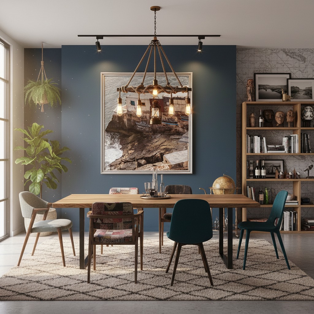 Modern dining room with blue accent wall