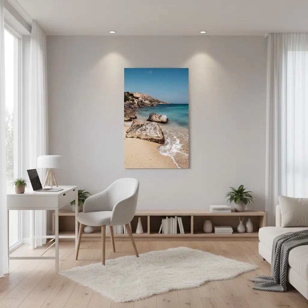 Beach canvas art in minimalist living room